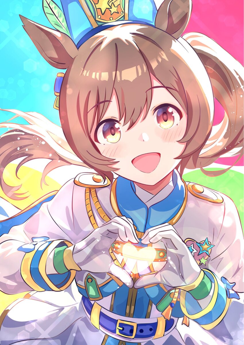 1girl animal_ears aqua_cape band_uniform belt blue_belt blush breasts brown_eyes brown_hair cape gloves hair_between_eyes hat heart heart_hands highres horse_ears horse_girl jacket kanon_(user_rrhr4244) long_hair looking_at_viewer marching_band medium_hair official_alternate_costume open_mouth ponytail shako_cap shirt skirt smart_falcon_(luminous_twirler)_(umamusume) smart_falcon_(umamusume) smile solo umamusume white_gloves white_jacket white_skirt