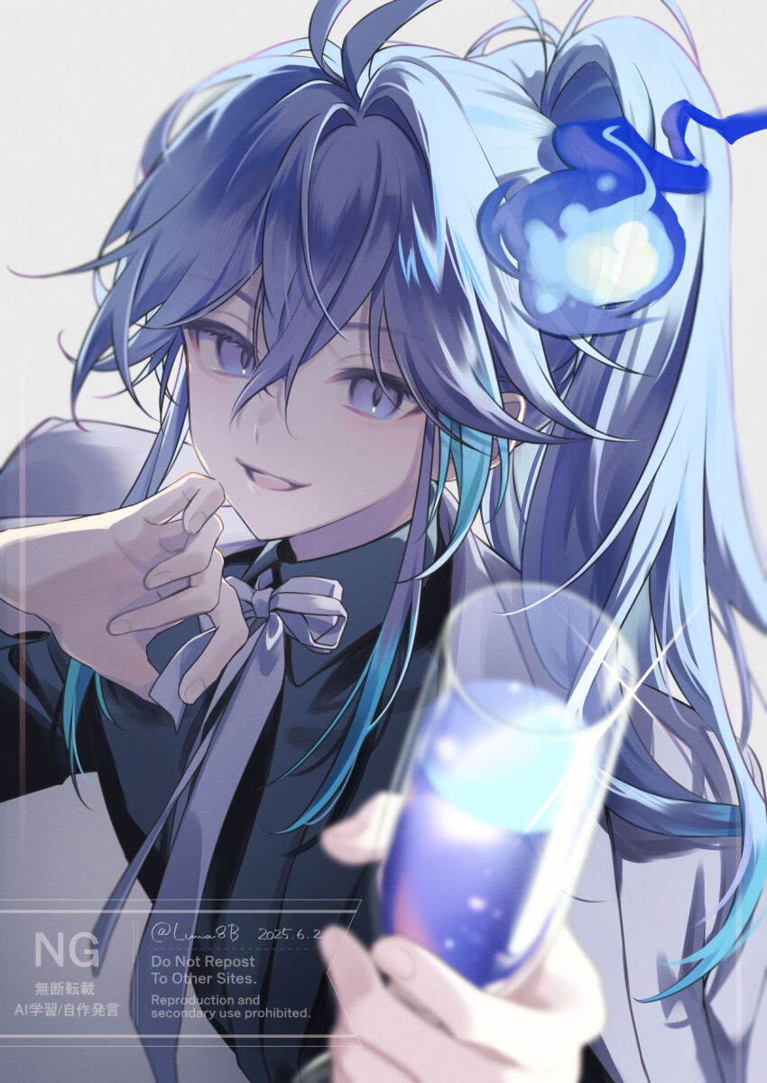 1boy black_shirt collared_shirt cup drinking_glass from_above hands_up hashtag-only_commentary highres holding holding_cup holostars jacket jacket_on_shoulders long_hair luma8b male_focus minase_rio multicolored_hair ponytail purple_eyes purple_hair ribbon shirt smile solo streaked_hair upper_body virtual_youtuber white_ribbon