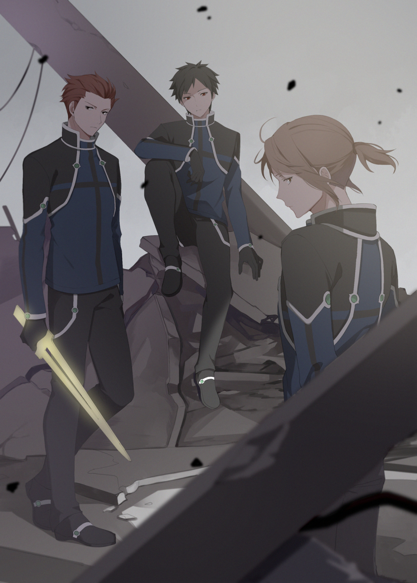 3boys arm_at_side arm_rest arms_at_sides black_footwear black_gloves black_hair black_pants blurry brown_eyes brown_hair depth_of_field gloves glowing glowing_sword glowing_weapon hair_slicked_back highres holding holding_sword holding_weapon kazama_souya kikuchihara_shirou knee_up male_focus multiple_boys pants ponytail profile red_eyes red_hair ruins shoes sitting standing sword utagawa_ryou_(world_trigger) weapon wind world_trigger yawai_tofu