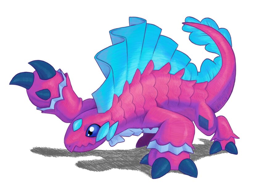 all_fours blue_eyes digimon digimon_(creature) dimetromon fins full_body highres lauliens lizard no_humans pink_scales simple_background white_background