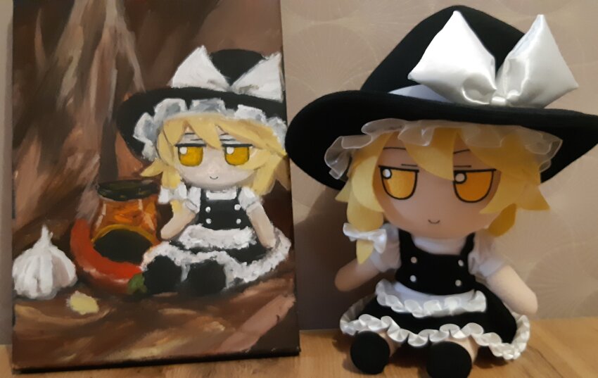 1girl absurdres apron blonde_hair bow character_doll closed_mouth flower food fumo_(doll) garlic hair_between_eyes hair_bow hat highres kirisame_marisa long_hair looking_at_viewer marina_killer_red painting_(medium) photo_(medium) short_sleeves skirt smile tagme touhou traditional_media waist_apron witch_hat yellow_eyes