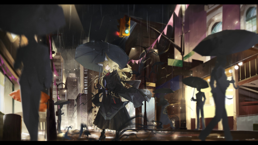 1girl 5others absurdres animal_ear_fluff animal_ears arknights black_boots black_coat black_gloves black_jacket black_skirt black_socks black_umbrella black_vest blonde_hair boots coat coat_on_shoulders fox_ears fox_girl fox_tail from_side gloves high_heel_boots high_heels highres holding holding_umbrella jacket looking_at_viewer multiple_others necktie orange_eyes red_necktie scar scar_on_face shirt skirt socks tail tree_0404 umbrella vest vulpisfoglia_(arknights) white_shirt