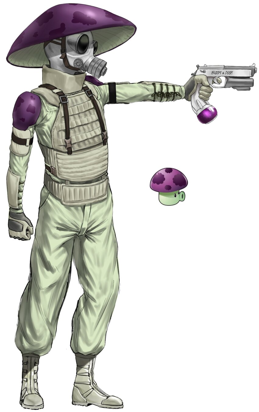 absurdres aiming ankle_boots armor artrextino boots buckle clenched_hand commentary_request gas_mask gloves gun helmet highres holding holding_gun holding_weapon left-handed long_sleeves mask mushroom pants plants_vs._zombies puff-shroom_(plants_vs._zombies) purple_helmet reference_inset simple_background snap-fit_buckle spanish_commentary standing weapon white_background white_footwear white_gloves white_mask white_pants