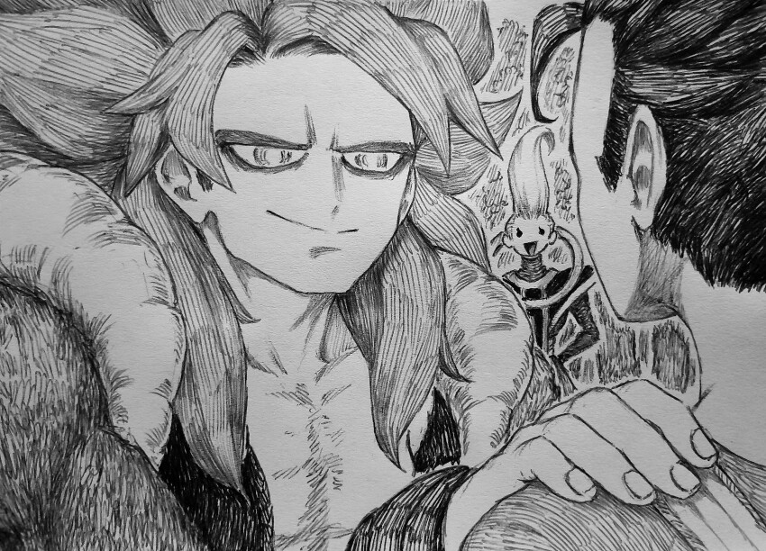3boys absurdres akakichi_no_eleven_redraws angel arms_behind_back black_hair cabba chronozbergh commentary dragon_ball dragon_ball_gt dragon_ball_super english_commentary gogeta greyscale halo hand_on_another&#039;s_shoulder highres in-franchise_crossover long_bangs long_hair looking_at_another male_focus meme monochrome multiple_boys open_mouth pectorals smile super_saiyan super_saiyan_4 tongue traditional_media whis wristband