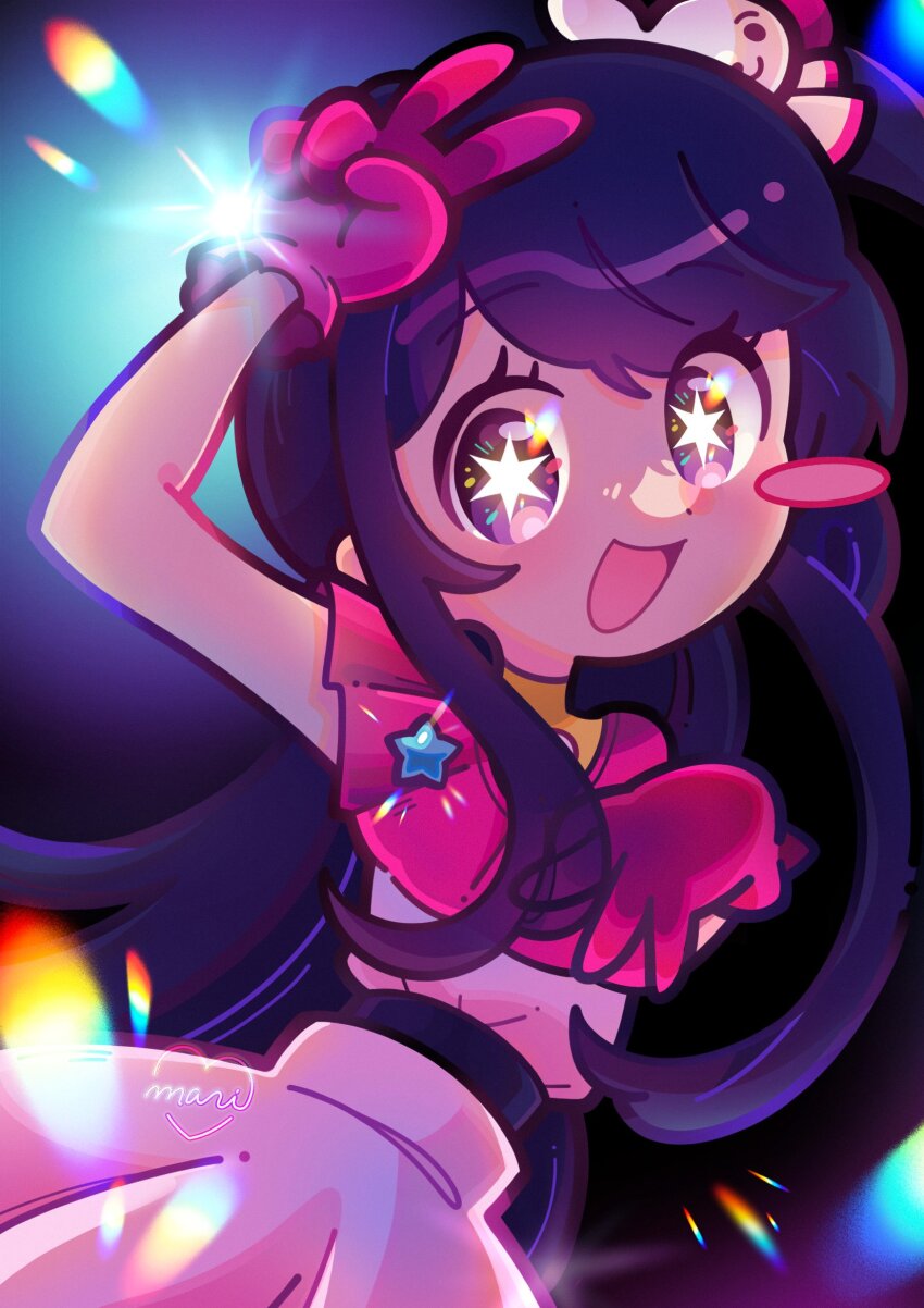 1girl blush_stickers dress frills gloves hair_between_eyes hair_ornament heart highres hoshino_ai idol idol_clothes long_hair long_sidelocks looking_at_viewer marikyuunn open_mouth oshi_no_ko pink_dress pink_gloves purple_eyes purple_hair rabbit_hair_ornament ribbon sidelocks single_blush_sticker smile solo star-shaped_pupils star_(symbol) symbol-shaped_pupils upper_body v