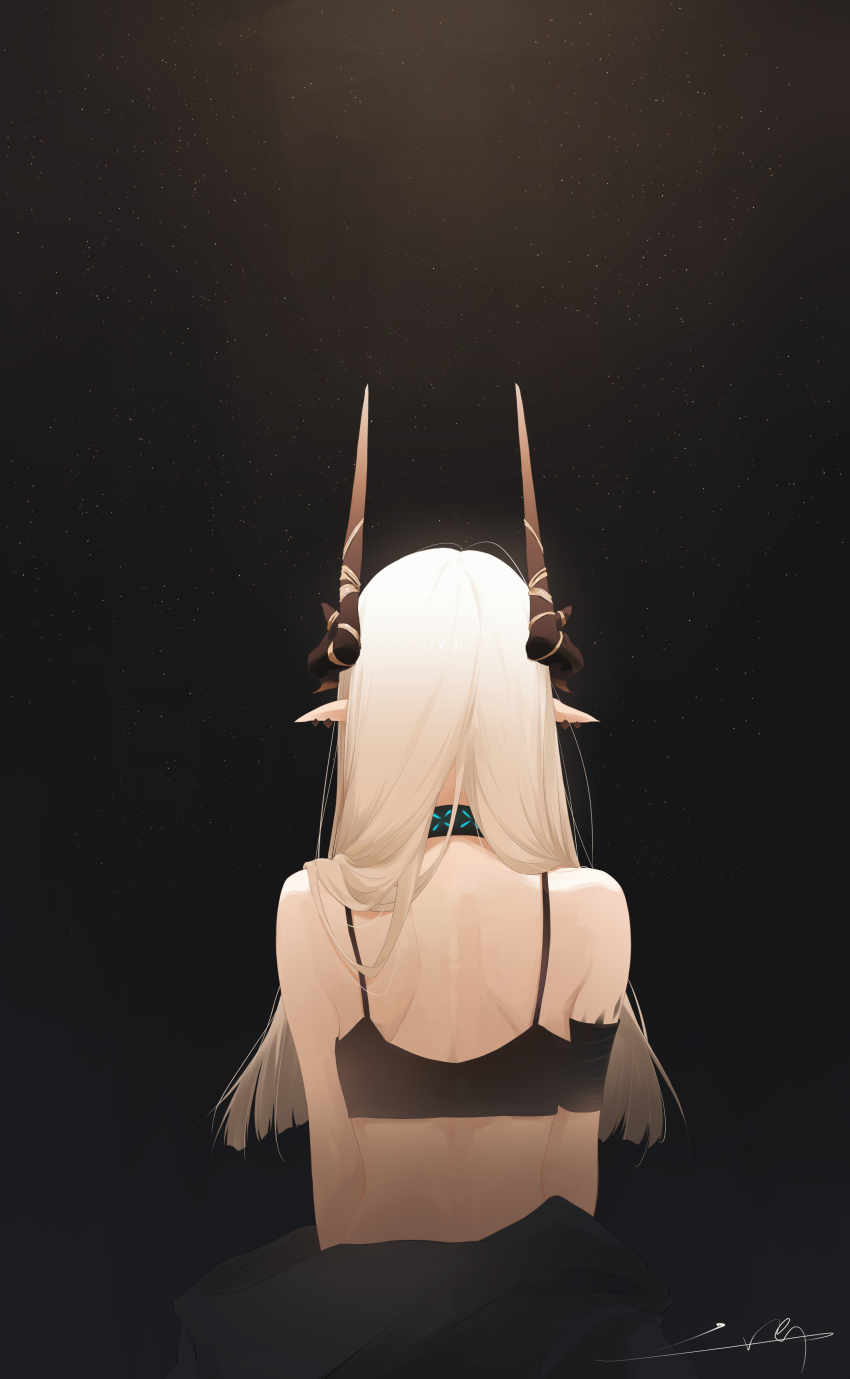 1girl absurdres arknights back bare_shoulders black_bra black_horns bra dark_background ebonvow facing_away from_behind highres horns infection_monitor_(arknights) light_particles long_hair material_growth mudrock_(arknights) mudrock_(elite_ii)_(arknights) oripathy_lesion_(arknights) pointy_ears signature solo underwear upper_body white_hair