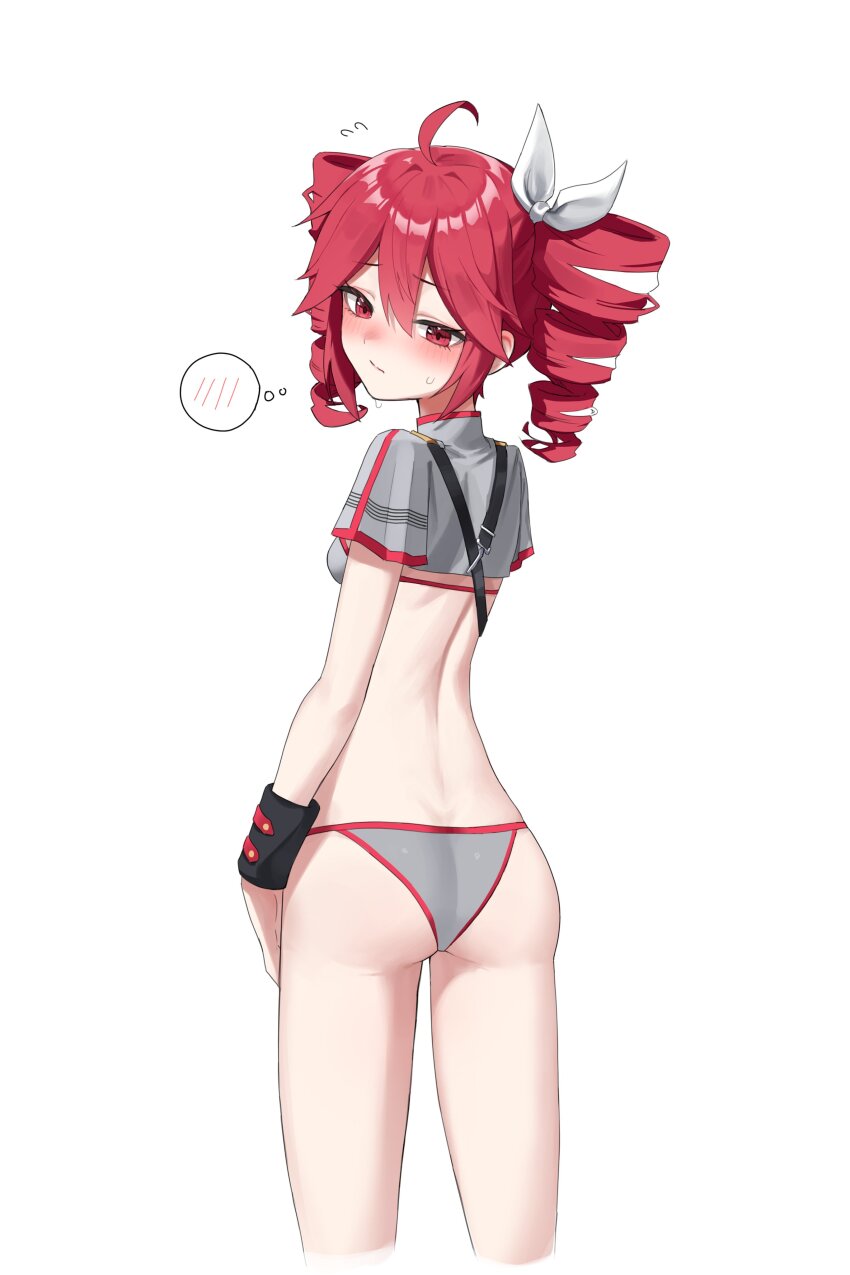 1girl absurdres ahoge alternate_costume ass belt bikini bikini_bottom_only black_belt black_wrist_cuffs blush bow breasts closed_mouth cropped_shirt double-parted_bangs drill_hair from_behind hair_between_eyes hair_bow hair_ribbon highres hu2924 kasane_teto kasane_teto_(sv) looking_back median_furrow red_eyes red_hair ribbon shirt short_sleeves shoulder_belt shoulder_boards simple_background small_breasts solo spoken_blush striped_clothes striped_shirt swimsuit synthesizer_v utau white_background white_bow white_ribbon wrist_cuffs