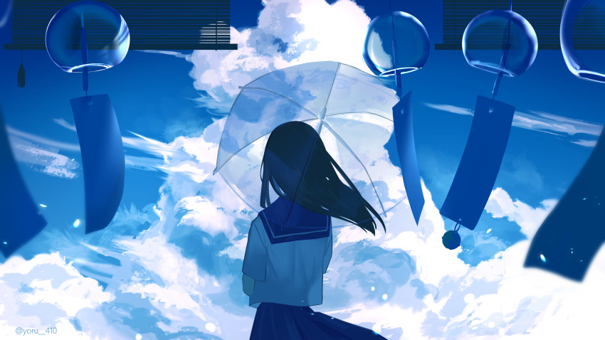 1girl absurdres black_hair blue_theme cloud day from_behind highres holding holding_umbrella long_hair original school_uniform serafuku short_sleeves sky solo transparent transparent_umbrella umbrella wind wind_chime window_shadow yoru_410