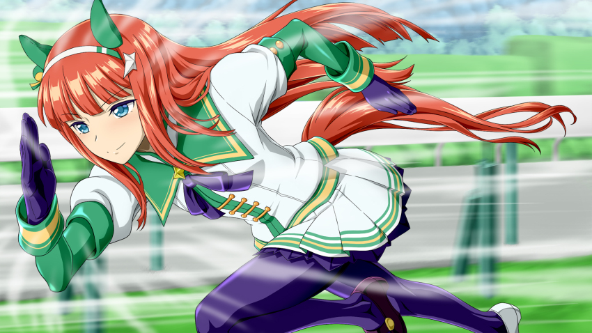 1girl afterimage animal_ears asymmetrical_footwear blue_eyes blunt_bangs bow bowtie ear_covers from_side gloves hairband highres hime_cut horse_ears horse_girl horse_racing_track horse_tail kitsutsuki_(dzgu4744) long_hair mismatched_footwear motion_blur orange_hair orange_tail pantyhose pleated_skirt purple_bow purple_bowtie purple_gloves purple_pantyhose running silence_suzuka_(umamusume) skirt smile solo tail textless_version umamusume variant_set white_hairband white_skirt