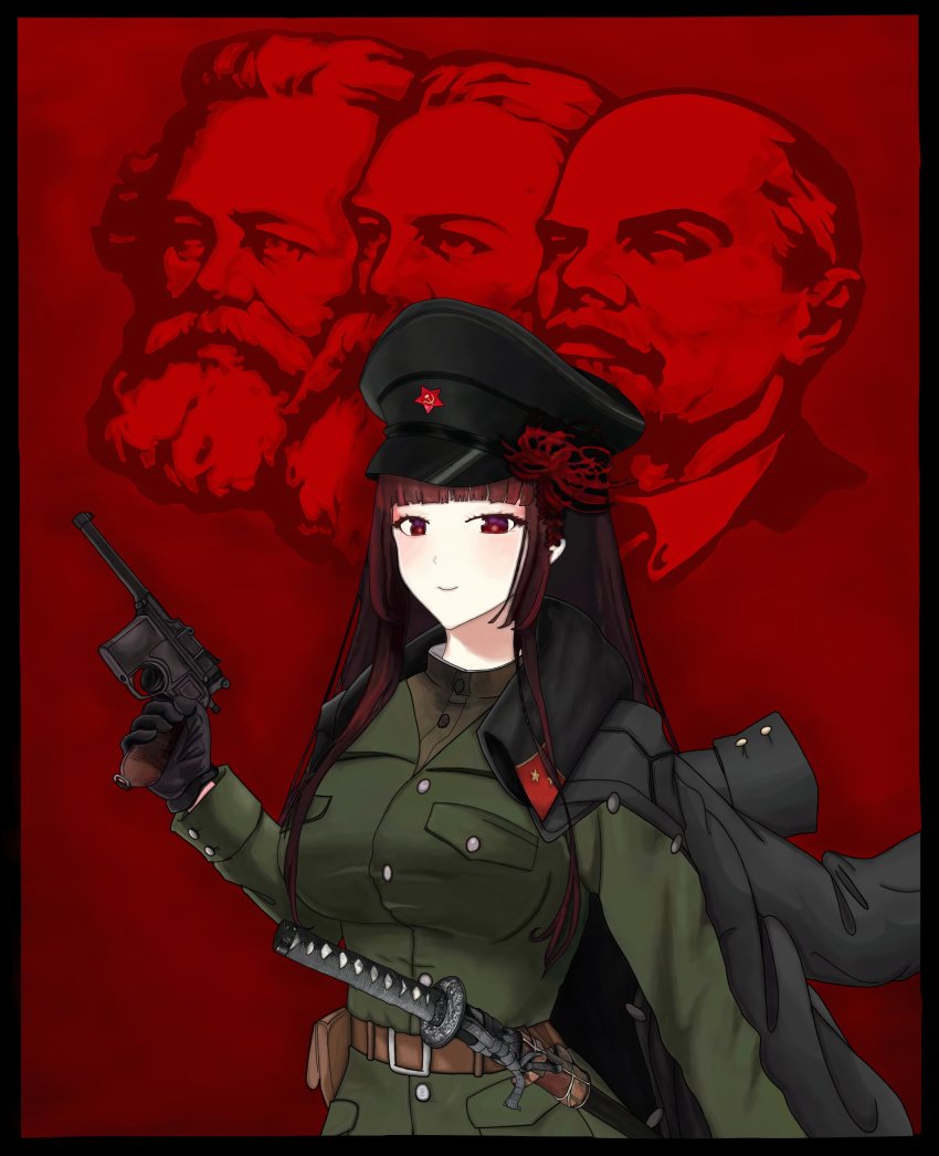 absurdres black_hair communism friedrich_engels futakuchi_mana gun hammer_and_sickle handgun hat highres indie_virtual_youtuber karl_marx katana long_hair mauser_c96 military military_uniform peaked_cap red_eyes red_star soviet star_(symbol) sword tagme virtual_youtuber vladimir_lenin weapon