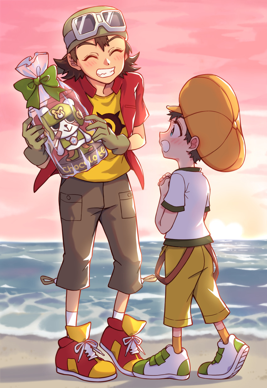 2boys absurdres beach blue_eyes blush brown_hair brown_shorts chackmon closed_eyes digimon digimon_frontier full_body goggles goggles_on_head green_hat hat highres himi_tomoki jacket kanbara_takuya male_focus multiple_boys ocean orange_hat red_jacket sanada_makomi shirt short_hair shorts sunset white_shirt yellow_shirt