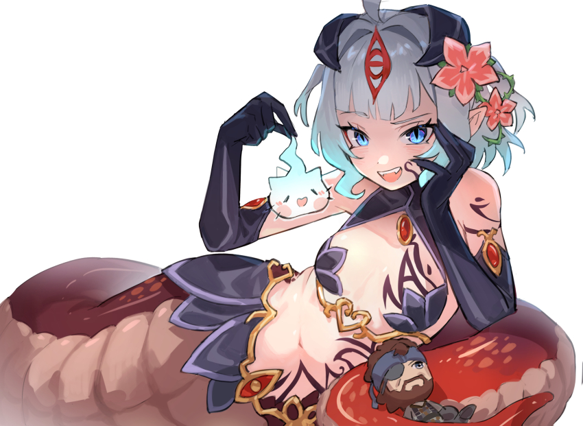 1girl :d ahoge alipheese_fateburn_xvi alipheese_fateburn_xvi_(cosplay) aqua_hair bare_shoulders black_gloves blue_eyes breast_tattoo breasts character_doll commentary cosplay doll elbow_gloves english_commentary fangs flower gloves gradient_hair hair_flower hair_intakes hair_ornament highres horns indie_virtual_youtuber lamia looking_at_viewer maplesights mint_fantome mon-musu_quest! monster_girl monsterification multicolored_hair navel open_mouth pointy_ears short_hair shoulder_tattoo simple_background slit_pupils small_breasts smile solo stomach stomach_tattoo tattoo teeth two_side_up upper_teeth_only virtual_youtuber white_background wisps_(mint_fantome)