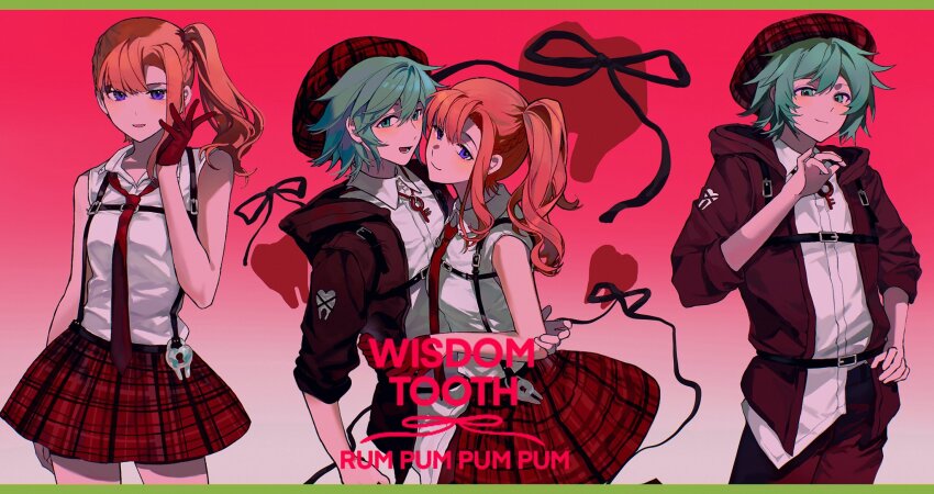 1boy 1girl :d alternate_costume aqua_eyes aqua_hair arms_around_waist bare_shoulders belt beret black_belt black_ribbon blush braid breasts buckle chest_harness chidouin_sara closed_mouth collared_shirt f(x) gloves gradient_background hair_between_eyes hand_on_another&#039;s_arm hand_on_own_hip harness hat heart-shaped_lock highres hiyori_sou hug jacket jewelry key key_necklace kimi_ga_shine letterboxed lock long_hair looking_at_viewer loose_necktie necklace necktie open_clothes open_collar open_jacket open_mouth orange_hair padlock pants parody parted_bangs pink_background plaid_clothes plaid_skirt pleated_skirt purple_eyes red_gloves red_hat red_jacket red_necktie red_pants red_ribbon red_skirt ribbon shirt shirt_partially_tucked_in short_hair side_part side_ponytail single_sidelock skirt sleeveless sleeves_rolled_up small_breasts smile song_name suspenders three-quarter_sleeves tooth waist_hug white_background white_shirt wing_collar yellowmao0509