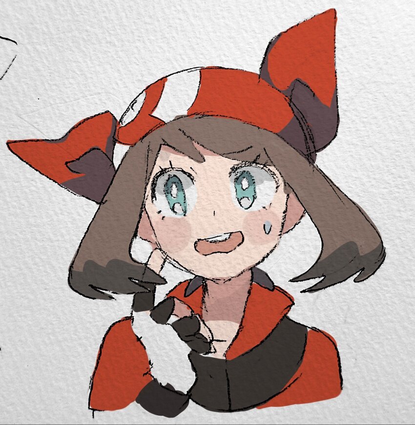 1girl averting_eyes bandana black_gloves blue_eyes bright_pupils brown_hair commentary fingerless_gloves gloves hand_up highres may_(pokemon) mixed_media nintendo open_mouth pokemon pokemon_rse red_bandana round_teeth shichibee_(stm_mimi) short_hair solo sweat symbol-only_commentary teeth two-tone_gloves upper_body upper_teeth_only white_gloves white_pupils