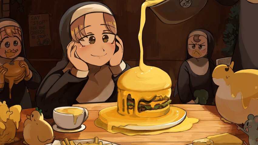 3girls :&lt; bird blonde_hair blue_eyes broccoli brown_eyes brown_hair burger cheese chicken clumsy_nun_(diva) commentary cup diva_(hyxpk) duck duckling eating english_commentary food food_on_face frog_headband froggy_nun_(diva) hands_on_own_face highres hungry_nun_(diva) little_nuns_(diva) messy mouse_(animal) mug multiple_girls nun pouring smile too_much_food traditional_nun