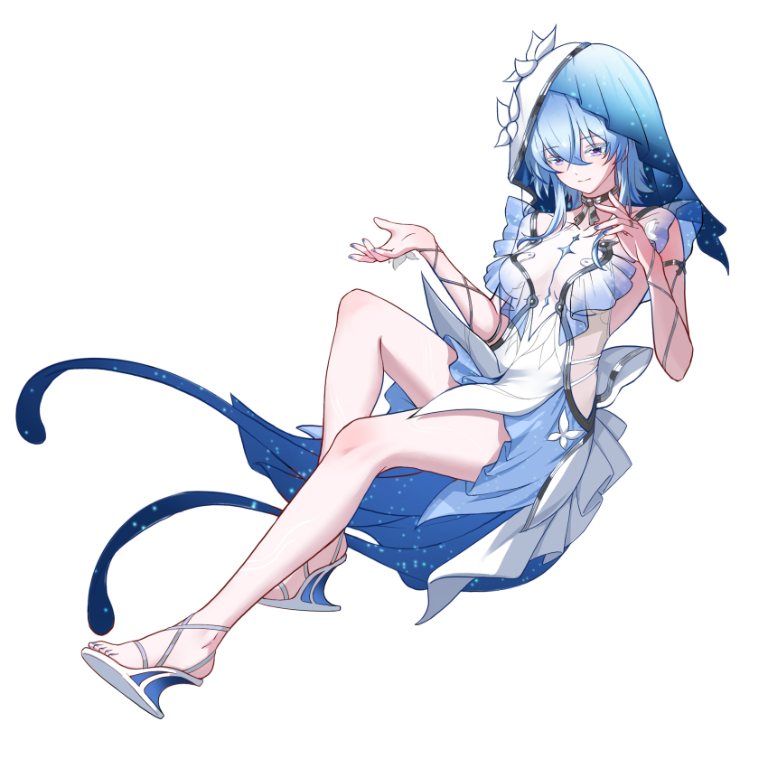 1girl absurdres armlet bare_legs blue_hair blue_nails blue_veil breasts chinese_commentary closed_mouth collarbone colored_eyelashes commentary_request dress feet full_body hair_between_eyes heel-less_heels high_heels highres jewelry large_breasts legs long_hair looking_down nail_polish purple_eyes sandals shorekeeper_(wuthering_waves) simple_background sleeveless sleeveless_dress solo toenail_polish toenails toes two-tone_veil veil wedge_heels white_background white_dress white_veil wuthering_waves xiaoyu_yao_(htx1993601)