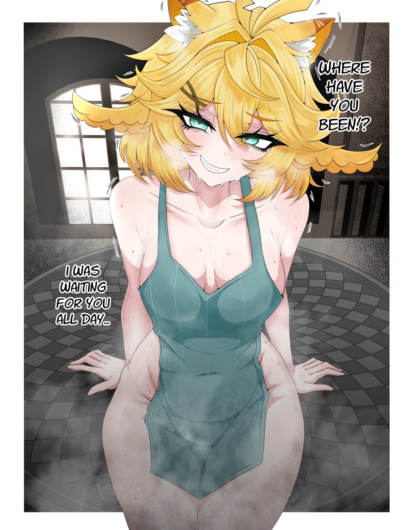 1girl absurdres animal_ear_fluff animal_ears apron arm_support bare_shoulders blonde_hair blue_apron blue_eyes blush border breasts breasts_apart cat_ears cat_girl collarbone commentary commission dokibird_(vtuber) dokibird_(vtuber)_(bounty_hunter) double-parted_bangs english_text fang feather_hair grin hair_between_eyes hair_ornament heavy_breathing highres indie_virtual_youtuber indoors kemonomimi_mode looking_at_viewer mayoa medium_breasts medium_hair naked_apron outside_border sitting smile solo steam sweat talking trembling very_sweaty virtual_youtuber white_border window
