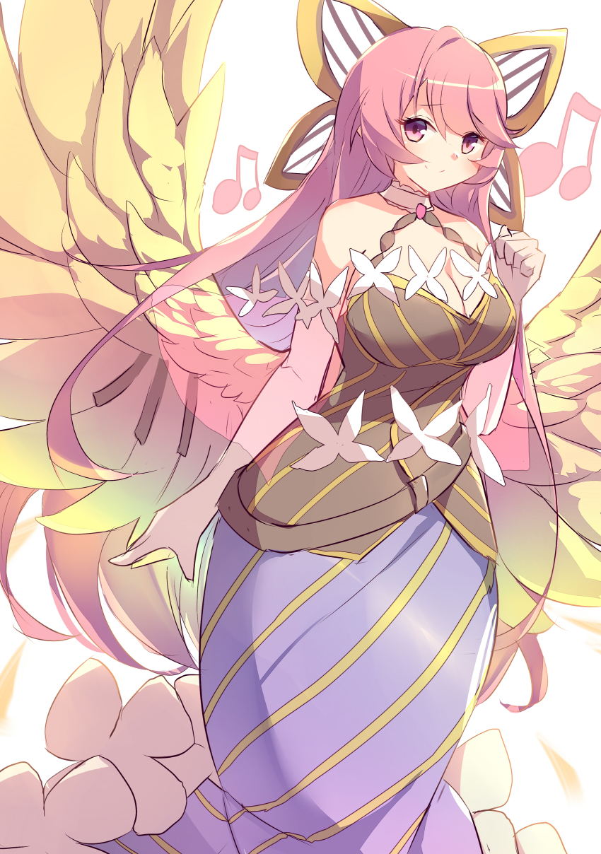 1girl absurdres breasts cleavage closed_mouth commentary_request conductor conductor_baton detached_sleeves dosolfachord_coolia dress duel_monster elbow_gloves feathered_wings gloves gransolfachord_coolia hair_ornament halterneck highres kanzakietc large_breasts long_hair multicolored_eyes pink_hair purple_eyes sleeves_past_fingers sleeves_past_wrists smile solo stick white_gloves wings yu-gi-oh!