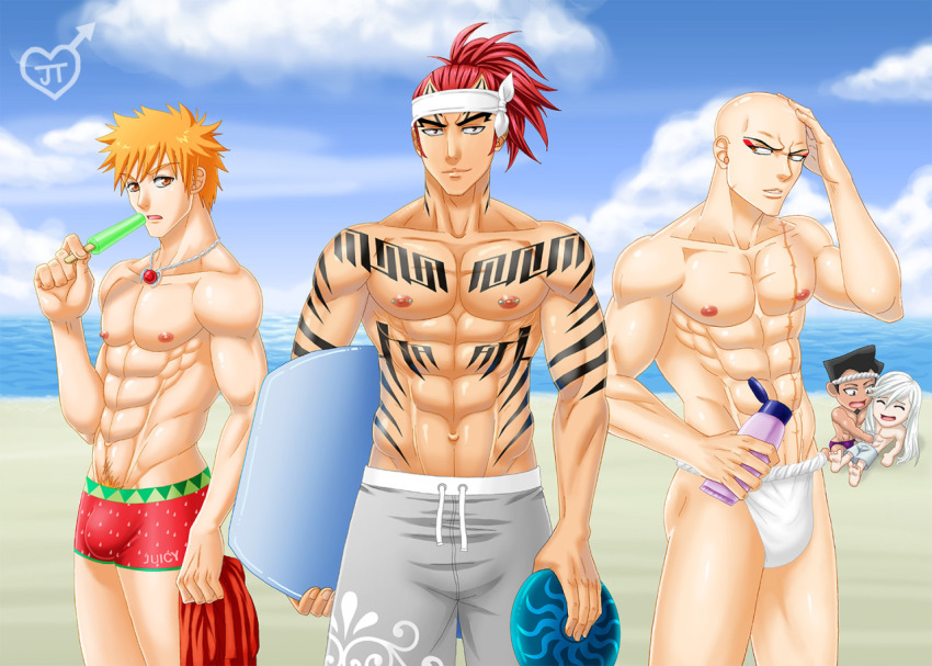 5boys abarai_renji abs beach bleach crotch headband jaytee kotsubaki_sentaro kurosaki_ichigo madarame_ikkaku male_focus multiple_boys muscular nipples ocean outdoors pectorals piercing popsicle public_indecency scar topless_male sky summer tagme tattoo ukitake_juushirou