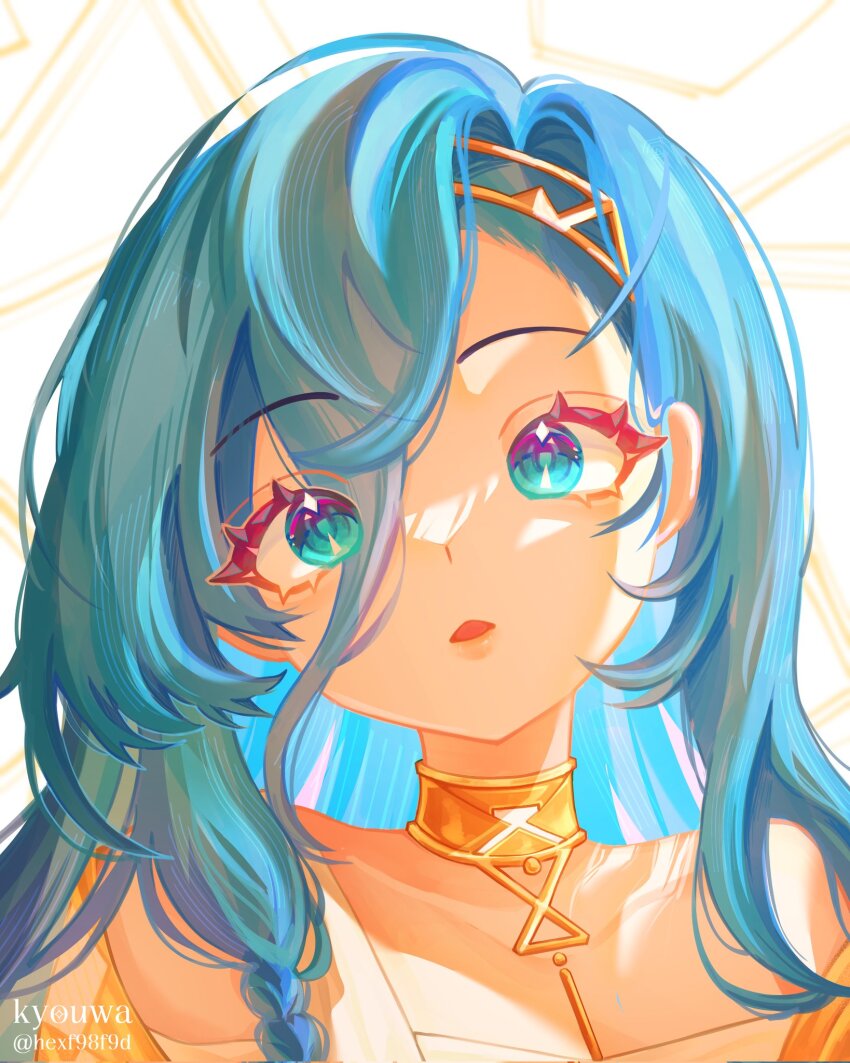1girl 37_(reverse:1999) artist_name bare_shoulders blue_eyes blue_hair eyelashes gold_choker hair_between_eyes highres kyouwa_(hexf98f9d) long_hair parted_lips portrait reverse:1999 solo triangle_mouth twitter_username very_long_hair white_background