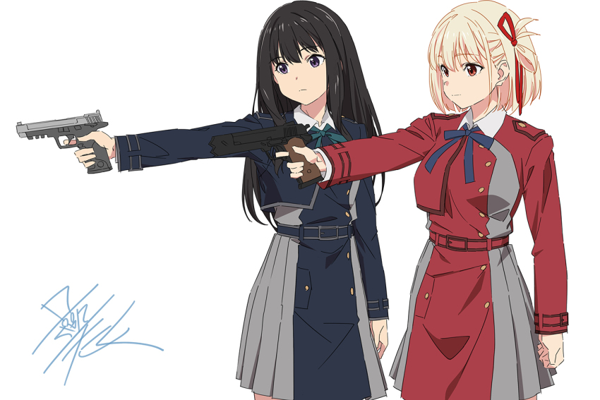 2girls aiming arm_up belt black_hair blonde_hair blue_belt blue_dress bob_cut collared_shirt dress green_ribbon grey_dress gun hair_ribbon handgun holding holding_gun holding_weapon inoue_takina long_hair lycoris_recoil lycoris_uniform m1911 multiple_girls neck_ribbon nishikigi_chisato pleated_dress pulp_fiction purple_eyes red_belt red_dress red_eyes red_ribbon ribbon s&amp;w_m&amp;p shirt short_hair standing taku1122 two-tone_dress weapon white_background white_hair white_shirt
