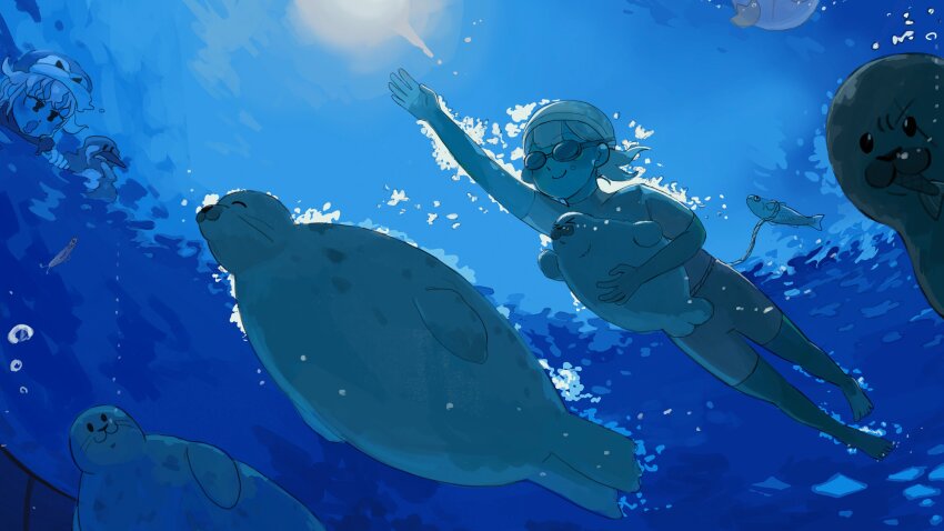 2girls :o absurdres air_bubble bird blue_theme bodysuit bubble commentary diva_(hyxpk) diving_suit donut_stamp duck eating english_commentary fish goggles hat highres multiple_girls penguin penguin_hat penguin_keeper_(diva) pool seal_(animal) seal_keeper_(diva) slice_of_life smile springsuit swim_cap swimming underwater underwater_shot wetsuit white_wetsuit zoo zookeeper zookeepers_(diva)
