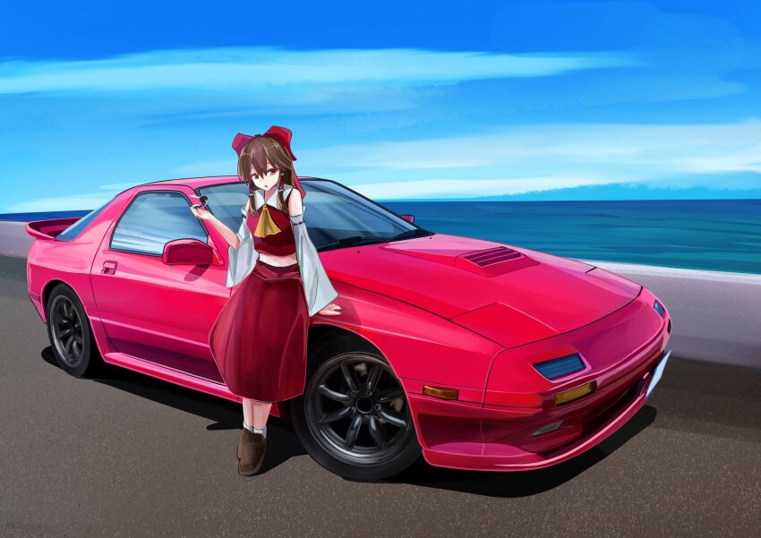 1girl 3books ascot blue_sky bow brown_hair brown_shoes car car_keys commentary_request day detached_sleeves hair_bow hair_tubes hakurei_reimu highres holding holding_key key leaning_on_object loafers long_hair looking_at_viewer mazda mazda_rx-7 mazda_rx-7_fc midriff motor_vehicle open_mouth outdoors red_bow red_car red_eyes red_skirt ribbon-trimmed_sleeves ribbon_trim shadow shoes skirt skirt_set sky socks solo touhou vehicle_focus white_socks yellow_ascot