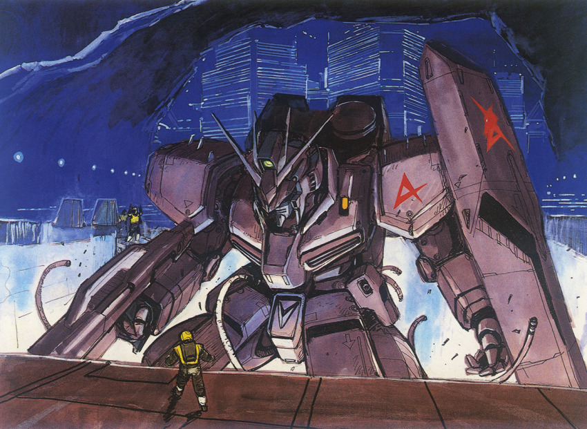 1980s_(style) 2boys 3boys anaheim_electronics artist_request beam_rifle cable char&#039;s_counterattack concept_art emblem energy_gun gundam hangar helmet light machinery mecha mobile_suit multiple_boys nu_gundam official_art oldschool production_art promotional_art redesign retro_artstyle robot scan science_fiction shield sketch traditional_media uniform v-fin vest weapon