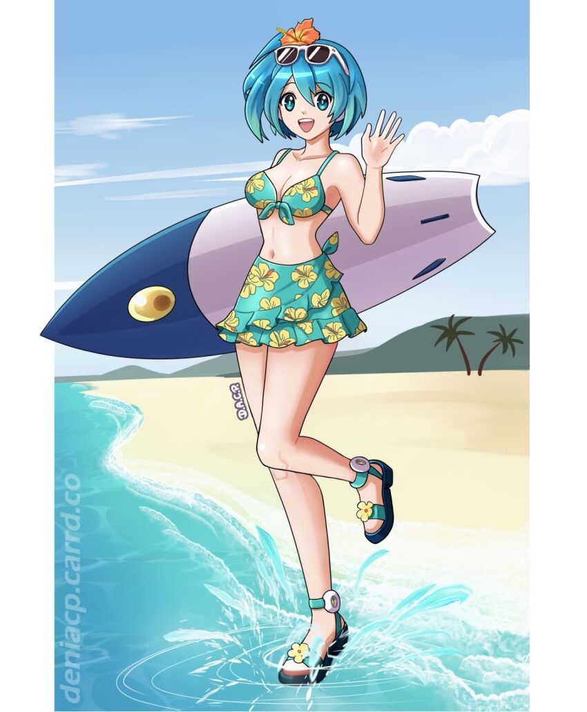1girl bare_shoulders beach bikini blue_bikini blue_eyes blue_hair blue_sarong border breasts cleavage collarbone deniacp eyewear_on_head flower full_body hair_flower hair_ornament highres holding holding_surfboard medium_breasts mega_man_(series) mega_man_x_(series) mega_man_x_dive navel ocean rico_(mega_man) sand sarong solo sunglasses surfboard swimsuit water white_border