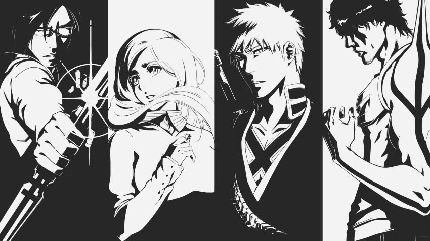1girl 3boys absurdres aiming black_background black_hair black_kimono bleach bleach:_sennen_kessen-hen bow_(weapon) clenched_hand closed_mouth commentary eyelashes floating_hair glasses greyscale hand_up highres holding holding_bow_(weapon) holding_weapon inoue_orihime ishida_uryuu japanese_clothes kimono kubo_tite_(style) kurosaki_ichigo lips long_hair long_sleeves looking_at_viewer monochrome multiple_boys muscular muscular_male outstretched_arm parted_bangs parted_lips profile rozuberry sado_yasutora serious short_hair simple_background sleeves_past_wrists spiked_hair upper_body weapon white_background