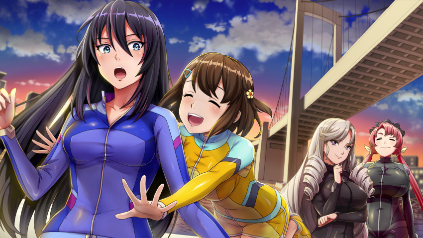 4girls :3 :o aoi_misa arm_under_breasts black_bodysuit black_hair black_headdress blue_bodysuit blue_eyes blue_sky blush bodysuit breasts bridge brown_hair cityscape clenched_hands closed_eyes closed_mouth cloud cloudy_sky covered_navel diving_suit double-parted_bangs drill_hair dutch_angle evening flower game_cg glomp gradient_sky grey_hair hair_flower hair_ornament hairclip hand_on_own_chin hand_up happy highres hug kandagawa_jet_girls large_breasts long_hair low_twintails maid_headdress manpuku_kuromaru medium_breasts multicolored_hair multiple_girls namiki_rin naruko_hanaharu non-web_source official_art one_side_up open_mouth orange_sky outdoors outstretched_arms outstretched_hand purple_eyes purple_hair red_hair shijuuin_kaguya shoes short_hair sky smile standing standing_on_one_leg streaked_hair surprised teeth twin_drills twintails two-tone_hair upper_teeth_only very_long_hair wetsuit yellow_bodysuit yellow_flower yellow_shoes