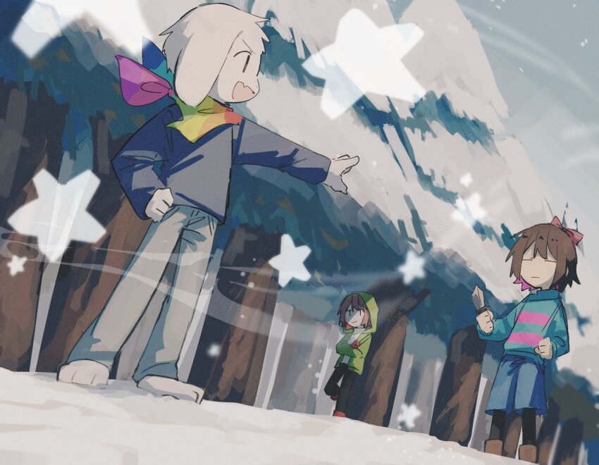 1boy 2others animal_ears asriel_dreemurr bandana bandana_around_neck black_pants black_pantyhose black_shirt blue_shorts blue_sweater boots bow brown_boots brown_hair chara_(undertale) closed_mouth commentary_request crossed_arms frisk_(undertale) furry furry_male gloves goat_boy goat_ears green_hoodie grey_pants hair_bow holding holding_knife hood hoodie knife multiple_others open_clothes open_hoodie open_mouth outstretched_arm pants pantyhose pantyhose_under_shorts pine_tree red_gloves red_shoes shirt shoes short_hair shorts snow star_(symbol) storyshift striped_clothes striped_sweater sweater tree undertale urooooooo_88 white_shirt