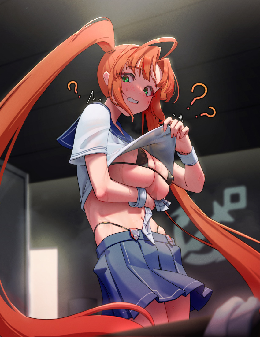 1girl ? bikini bikini_under_clothes black_bikini blue_skirt breasts clothes_lift covered_erect_nipples d: green_eyes highleg highleg_bikini highres hungr_(nyanom) large_breasts last_origin lifting_own_clothes long_hair looking_at_viewer micro_bikini nereid_(last_origin) open_mouth orange_hair pleated_skirt school_uniform serafuku shirt shirt_lift short_sleeves skirt solo sweat swimsuit towel twintails very_long_hair white_shirt wiping_sweat