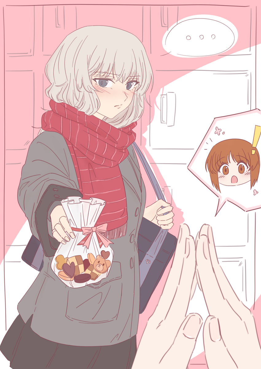 ! ... 2girls absurdres bag black_skirt blue_eyes blush brown_eyes brown_hair carrying closed_mouth coat commentary cookie food frown girls_und_panzer giving grey_coat grey_hair highres holding holding_bag itsumi_erika looking_at_viewer medium_hair miniskirt multiple_girls nekounko nishizumi_miho notice_lines own_hands_together plastic_bag pleated_skirt pov red_scarf scarf school_bag short_hair skirt speech_bubble spoken_ellipsis standing symbol-only_commentary valentine winter_clothes