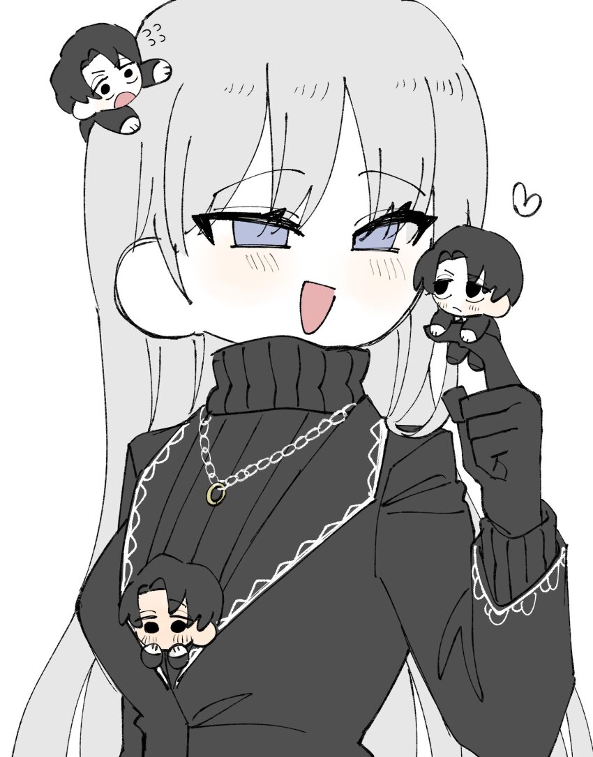 1girl 3boys angelica_(project_moon) black_gloves black_jacket black_sweater blue_eyes clone gloves hand_up heart highres husband_and_wife jacket jewelry kitaku_(ienikaeru) library_of_ruina long_hair long_sleeves mini_person miniboy multiple_boys necklace open_mouth project_moon ring ring_necklace roland_(project_moon) smile sweater very_long_hair white_hair