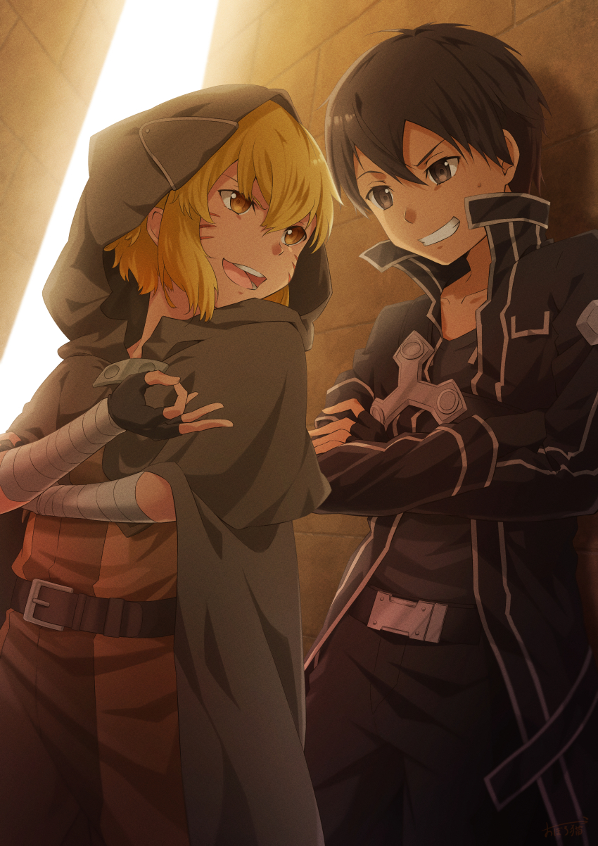 1boy 1girl :d absurdres argo_the_rat belt belt_buckle black_belt black_cloak black_eyes black_gloves black_hair black_pants black_shirt blonde_hair brown_cape brown_eyes buckle cape cloak collarbone eye_contact facial_mark fingerless_gloves gloves grin highres hood hood_up hooded kirito long_sleeves looking_at_another oboro_neko open_mouth outdoors pants shirt short_hair smile sweatdrop sword_art_online sword_art_online_progressive