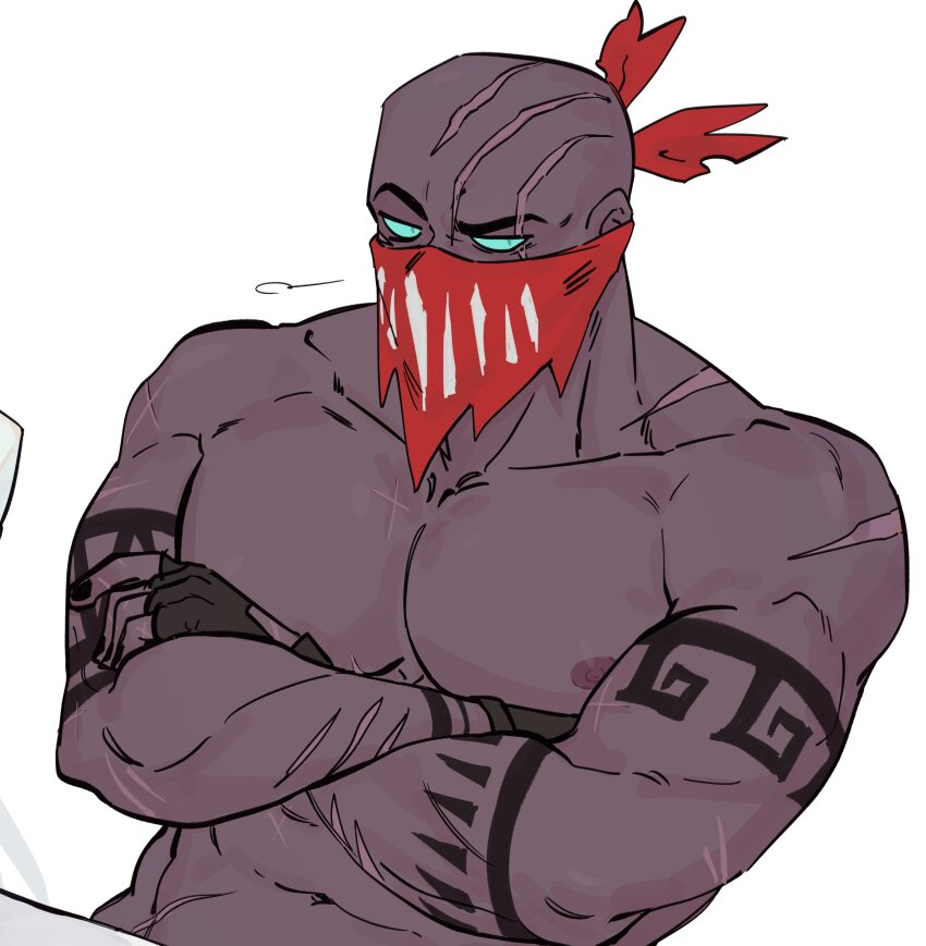 1boy abs absurdres arm_tattoo bald bara biceps crossed_arms fingerless_gloves gloves green_eyes highres krgs_10 league_of_legends masked muscular muscular_male pyke_(league_of_legends) scar scar_on_face tan tattoo