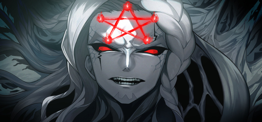 1boy alessandro_di_cagliostro_(fate) beard braid facial_hair facial_mark fangs fate/grand_order fate_(series) game_cg grey_hair long_hair looking_at_viewer male_focus official_art pentagram red_eyes routo