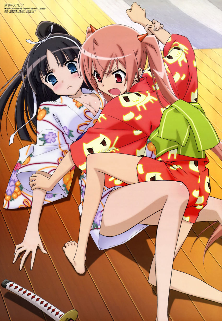2girls barefoot black_hair blush feet green_eyes hidan_no_aria highres hotogi_shirayuki japanese_clothes kanzaki_h._aria legs megami_magazine multiple_girls official_art open_mouth ponytail red_eyes red_hair sword twintails weapon