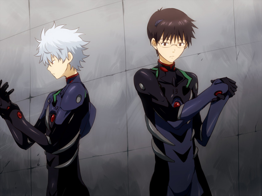 2boys brown_eyes brown_hair cosplay gintama glasses ikari_shinji ikari_shinji_(cosplay) look-alike male_focus maruki_(punchiki) mecha_pilot_suit multiple_boys nagisa_kaworu nagisa_kaworu_(cosplay) neon_genesis_evangelion parody plugsuit_(evangelion) red_eyes sakata_gintoki shimura_shinpachi short_hair silver_hair style_parody