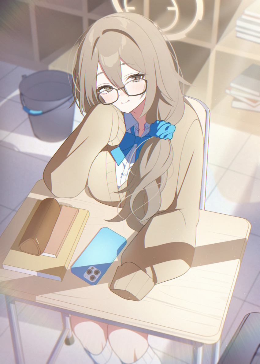 1girl akane_(blue_archive) akane_(school_uniform)_(blue_archive) blonde_hair blue_archive blue_bow blue_bowtie blue_scrunchie blush bow bowtie cardigan closed_mouth glasses hair_between_eyes hair_ornament hair_over_shoulder hair_scrunchie hand_on_own_cheek hand_on_own_face highres kaerunrun long_hair looking_at_viewer official_alternate_costume official_alternate_hairstyle on_chair scrunchie shirt sidelocks sitting sleeves_past_fingers sleeves_past_wrists smile white_shirt yellow_cardigan yellow_eyes
