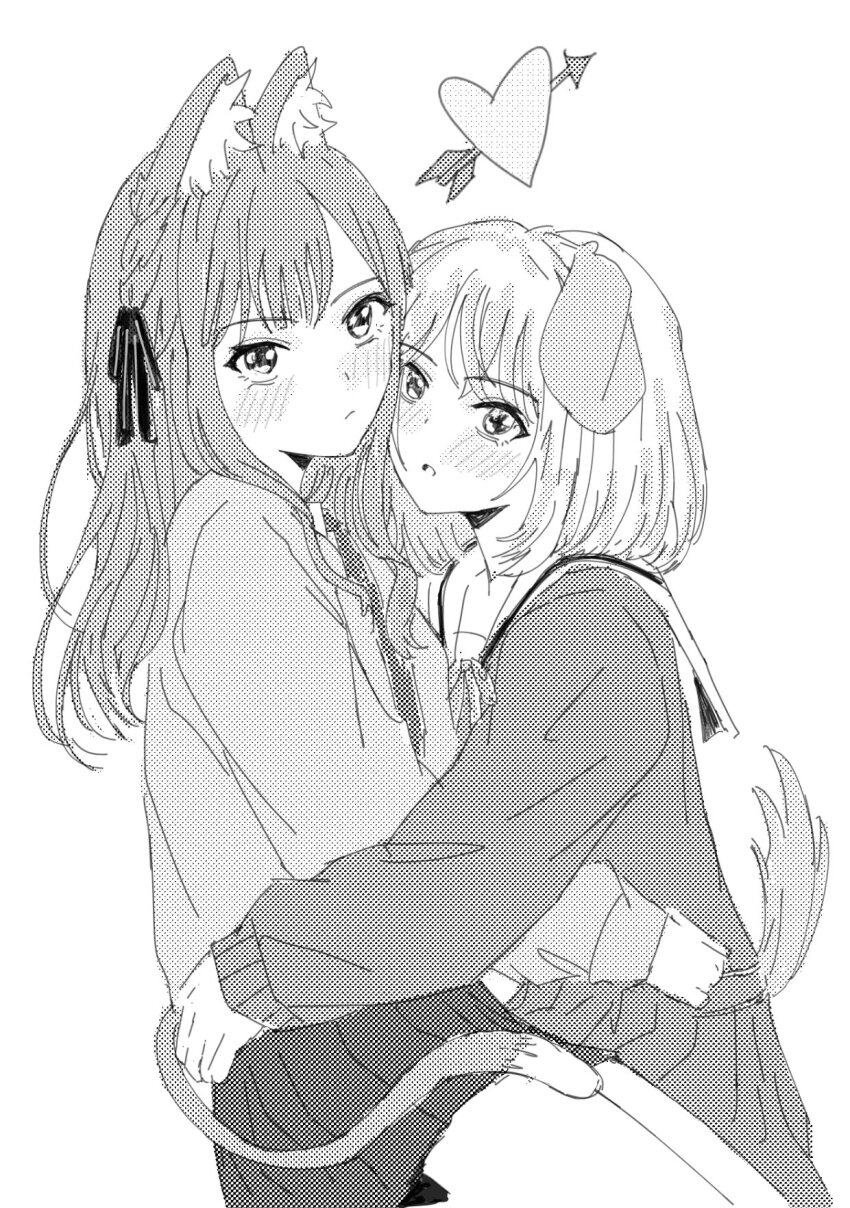 2girls animal_ears arrow_through_heart bang_dream! bang_dream!_it&#039;s_mygo!!!!! blush cat_ears cat_girl cat_tail closed_mouth dog_ears dog_girl dog_tail fate_(series) greyscale hanasakigawa_school_uniform haneoka_school_uniform highres hug kemonomimi_mode long_hair long_sleeves medium_hair misumi_uika monochrome multiple_girls parted_lips pleated_skirt school_uniform serafuku skirt tail togawa_sakiko two_side_up uikays