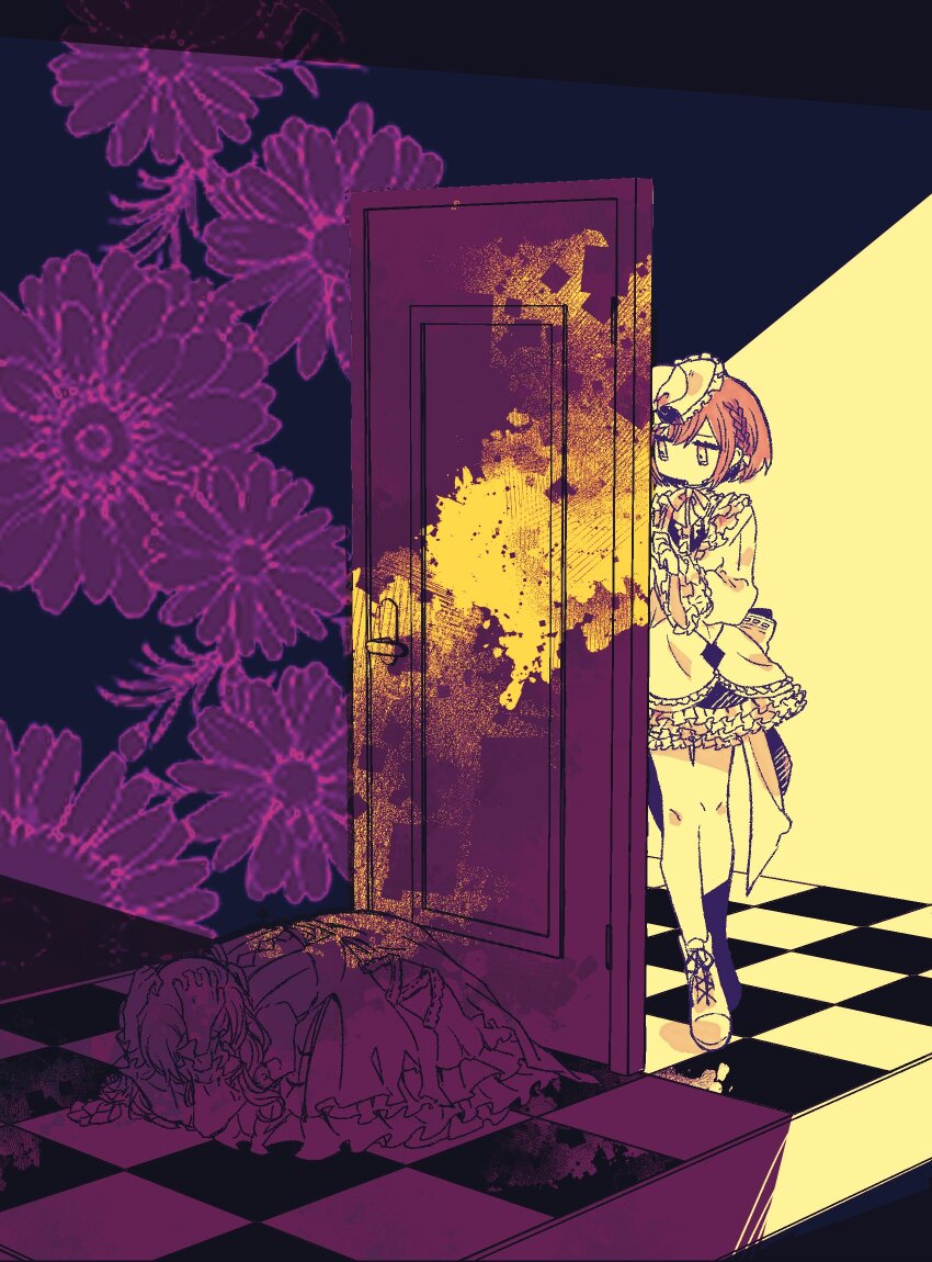 1girl 1other akiyama_mizuki black_socks boots braid checkered_floor color_contrast commentary contrast despair door dress face_down flower frills full_body hands_on_own_head hat highres keikyoku_no_machi_wa_doko_e_(project_sekai) lace-up_boots long_sleeves looking_at_another miton_014 official_alternate_costume project_sekai prostration purple_flower sepia shinonome_ena short_hair socks standing symbol-only_commentary