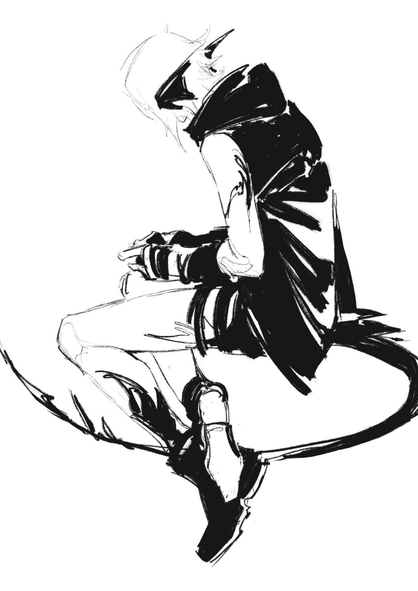 1other boots cloak final_fantasy final_fantasy_xiv greyscale highres jiao_chang monochrome sitting solo tail white_background