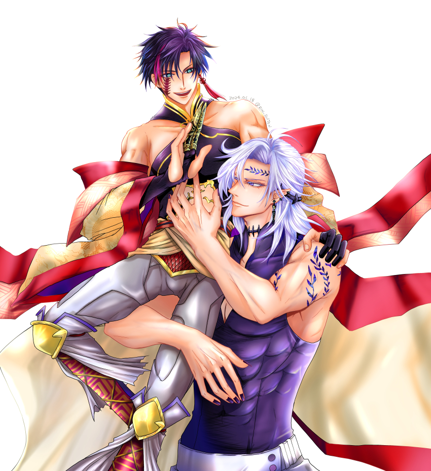 2boys abs absurdres arm_tattoo armor bare_shoulders black_gloves black_hair blue_eyes boots bulge centipede_tattoo cheek_tattoo chinese_clothes choker closed_mouth clothing_cutout collarbone covered_abs earrings facial_tattoo forehead_tattoo gloves gold_armor gold_robe gold_trim hades_(shuumatsu_no_valkyrie) hand_on_another&#039;s_shoulder hand_up highres jewelry knee_pads leaf_tattoo looking_at_another looking_down looking_up male_focus multicolored_hair multicolored_robe multiple_boys muscular muscular_male nail_armor obi open_mouth pants partially_fingerless_gloves pectoral_cleavage pectorals pointy_ears purple_shirt qin_shi_huang_(shuumatsu_no_valkyrie) red_footwear red_hair red_robe red_tassel red_trim robe sash shirt short_hair shuumatsu_no_valkyrie single_earring sitting sitting_on_person sitting_on_shoulder sleeveless sleeveless_shirt smile spiked_choker spikes stomach_cutout streaked_hair tassel tassel_earrings tattoo teeth toned toned_male two-tone_hair two-tone_robe upper_teeth_only white_hair white_pants yellow_robe