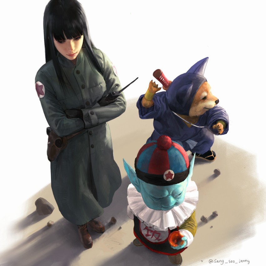 1girl 2boys artist_name blunt_bangs character_request clothing_request commentary crossed_arms dragon_ball dragon_ball_(classic) dragon_ball_(object) full_body highres hime_cut long_hair mai_(dragon_ball) multiple_boys pilaf pointy_ears realistic rock sangsoo_jeong shuu_(dragon_ball) simple_background standing sword sword_on_back tagme walkie-talkie weapon weapon_on_back white_background