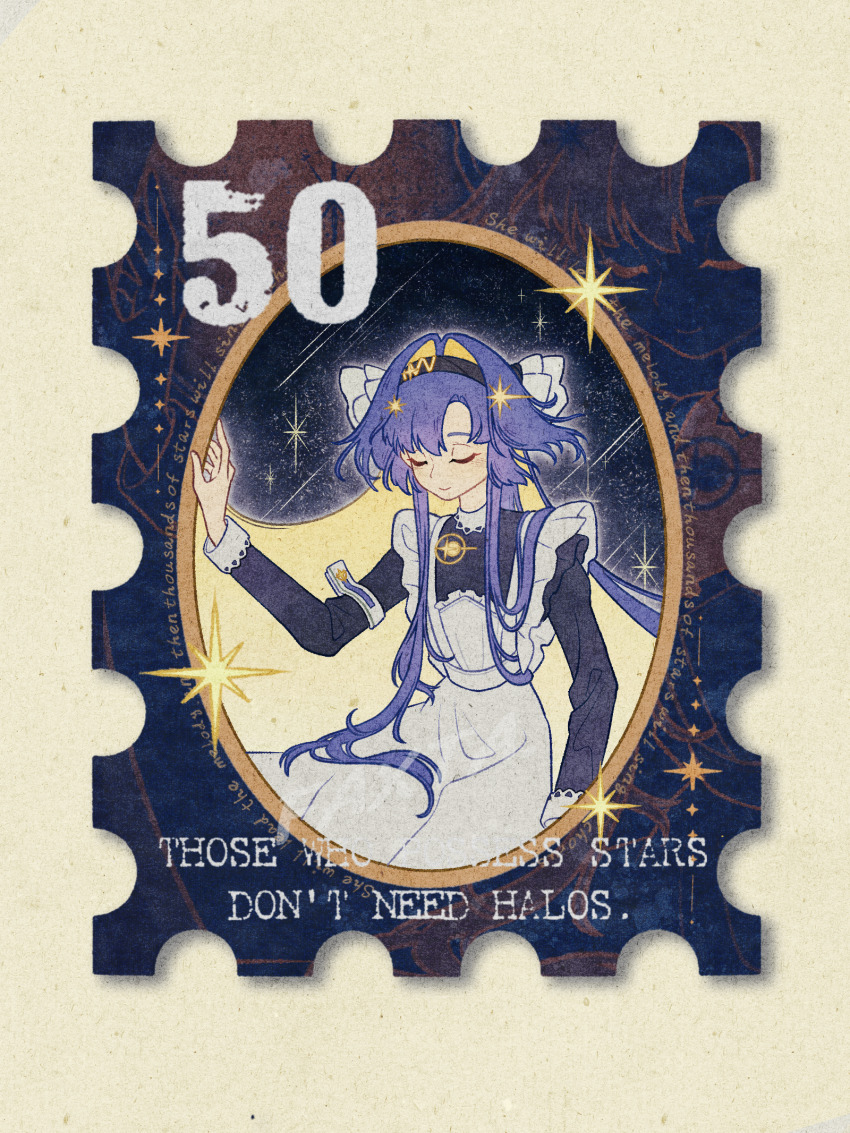1girl apron ban_dawang black_dress black_hairband blonde_hair blue_hair closed_eyes colored_inner_hair dress english_text hair_intakes hair_ornament hairband hand_up highres long_hair multicolored_hair postage_stamp reverse:1999 school_uniform solo soviet_school_uniform sparkle star_(symbol) star_hair_ornament upper_body very_long_hair voyager_(reverse:1999) white_apron yellow_background