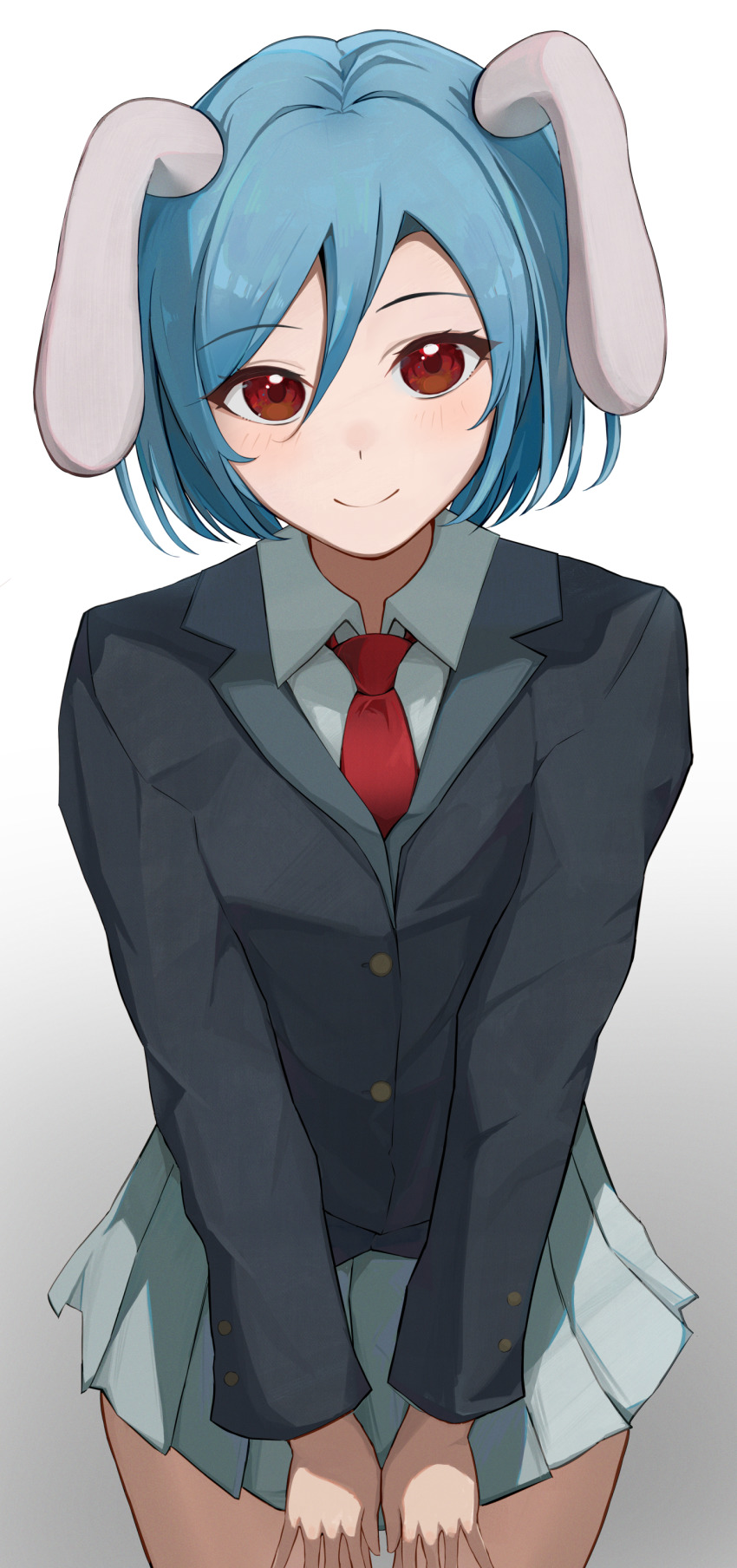 1girl absurdres animal_ears black_jacket blazer blue_hair closed_mouth collared_shirt commentary commission cowboy_shot floppy_ears gradient_background grey_background highres jacket long_sleeves looking_at_viewer miniskirt necktie palulap pleated_skirt rabbit_ears red_eyes red_necktie reisen_(touhou_bougetsushou) shirt short_hair simple_background skeb_commission skirt smile solo touhou white_background white_shirt