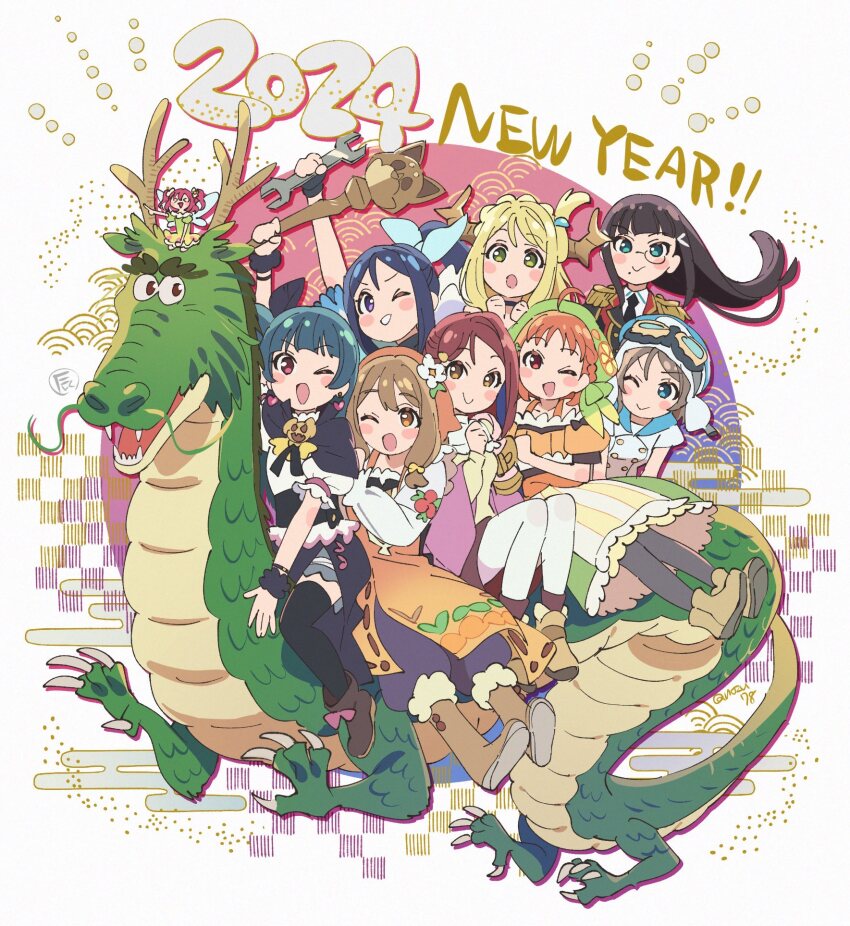 2024 6+girls aqua_eyes black_hair blonde_hair blue_eyes blue_hair brown_hair chika_(genjitsu_no_yohane) demon_horns dia_(genjitsu_no_yohane) dragon fairy genjitsu_no_yohane glasses grey_hair hanamaru_(genjitsu_no_yohane) highres holding holding_staff holding_wrench horns kanan_(genjitsu_no_yohane) kunikida_hanamaru kurosawa_dia kurosawa_ruby long_hair love_live! love_live!_sunshine!! mari_(genjitsu_no_yohane) matsuura_kanan multiple_girls new_year ohara_mari one_eye_closed orange_eyes orange_hair purple_eyes red_eyes red_hair riko_(genjitsu_no_yohane) ruby_(genjitsu_no_yohane) sakurauchi_riko short_hair staff takami_chika tokira_nozumi tsushima_yoshiko watanabe_you wrench yohane_(genjitsu_no_yohane) you_(genjitsu_no_yohane)