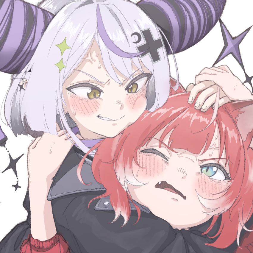 2girls ahoge akami_karubi anger_vein animal_ears black_coat blue_eyes blush cat_ears cat_girl clenched_teeth close-up coat commentary_request crazy_raccoon crescent crescent_hair_ornament demon_horns fang ganbaru_kari hair_ornament hand_on_another&#039;s_hand hand_on_another&#039;s_head hand_on_another&#039;s_shoulder headlock highres hololive horns la+_darknesss large_horns looking_at_another multiple_girls one_eye_closed open_mouth portrait purple_hair red_coat red_hair simple_background star_(symbol) star_hair_ornament strangling sweatdrop teeth virtual_youtuber x_hair_ornament yellow_eyes